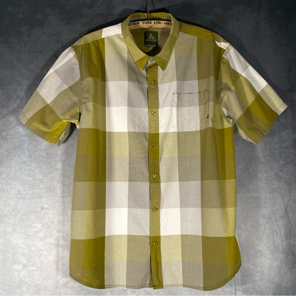 Prana Men's Button Down Shirt Green Grey Colour Block Short Sleeve XXL Casual